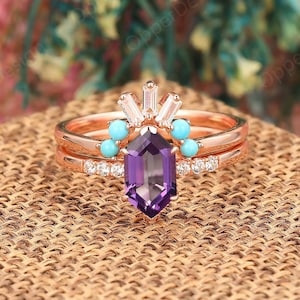 Antique Women Ring Set, Natural Amethyst Bridal Set, Rose Gold Anniversary Ring Set, Vintage Stacking Ring Set,Purple Amethyst Matching Ring