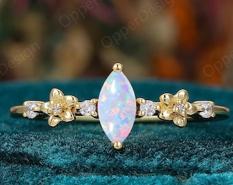 Unique Opal Birthstone Wedding Ring, Art Deco Marquise Opal Solid Gold Stacking Rings for Women, Inspired Flower Ring Band, Anniversary Gift