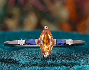 Marquise Nature Inspired Citrine Engagement Ring, Baguette Blue Sapphire Band, Dainty Birthstone Citrine Wedding Ring, Unique Proposal Ring