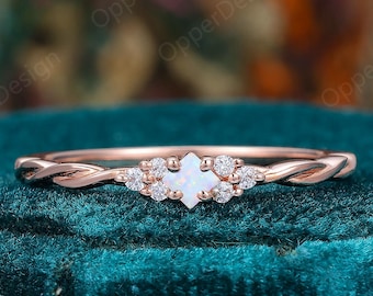Dainty 14k Rose Gold Princess Opal Promise Ring For Her, Unique Minimalist Opal Engagement Ring, Birthstone Women Opal Ring Gift For Her