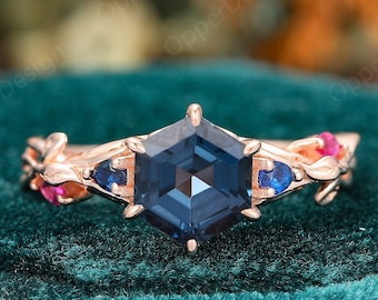 Natural London Blue Topaz Engagement Ring, Hexagon Topaz Rose Gold Wedding Ring, Unique Stacking Ring, Dainty Anniversary Ring, Vintage Ring