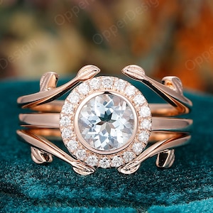 Round 1CT Aquamarine Wedding RIng Set, Unique Stacking Ring, Enhance Wedding Band, Rose Gold Aquamarine Bridal Set,Dainty Ring Set For Women