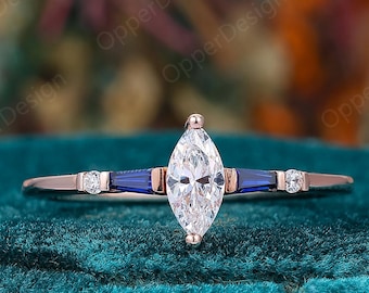 Marquise Cut Moissanite Engagement Ring, Baguette Blue Sapphire Gold Band, Dainty Vintage Promise Ring, Unique Bridal Proposal Ring For Her