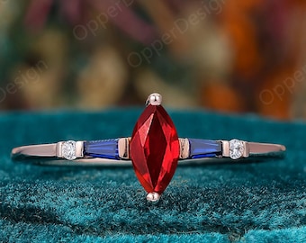 Solid Rose Gold Marquise Cut Ruby Engagement Ring, Baguette Blue Sapphire Band, Dainty Vintage Promise Ring, Unique Proposal Ring For Her