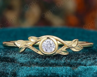 Nature Inspired Leaf Branch Moissanite Ring,Dainty Lightweight Yellow Gold Bezel Set Ring,Vintage Botanical Stackable Promise Ring For Women