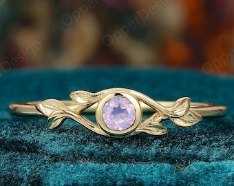Solid Gold Round Lavender Amethyst Engagement Ring, Nature Inspired Leaf Vine Wedding Ring, Vintgage Bezel Set Ring, Anniversary Ring Gift