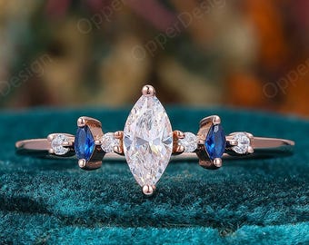 Dainty 14K Rose Gold Ring, Marquise Moissanite With Blue Sapphire, Minimalist Thin Band Engagement Promise Ring, Women Daily Gold Ring Gift