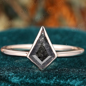 Galaxy Raw Salt & Pepper Diamond Ring, Kite Cut Engagement Ring, Unique Bridal Geometric Promise Ring, Bezel Set Simple Design Ring