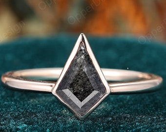 Galaxy Raw Salt & Pepper Diamond Ring, Kite Cut Engagement Ring, Unique Bridal Geometric Promise Ring, Bezel Set Simple Design Ring