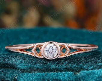 Geometric Open Cutout Moissanite Ring, Light Rose Gold Dainty Stacking Ring, Minimalist Promise Engagement Ring For Her, Anniversary Gifts