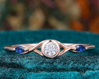 Dainty Round Moissanite Rose Gold Ring, Twisted Infinity Moissanite Ring, Marquise Sapphire Accents,Unique Stackable Engagement Promise Ring