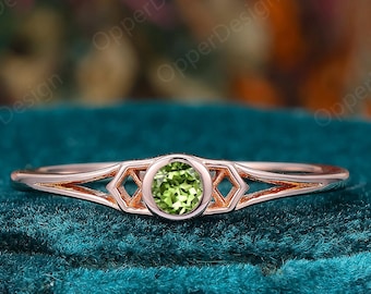 Solid Gold Dainty Peridot Stacking Ring, Lightweight Open Cutout Geometric Band, Minimalist Everyday Wear Ring, Round Peridot Wedding Ring