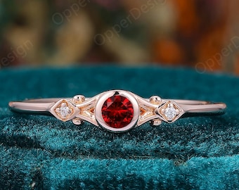 Art Deco Birthstone Ruby Jewelry, Round Cut 3mm Ruby Engagement Ring in Bezel Set, Dainty Floral Wedding Ring, Personalized Gift For Women