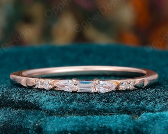 Thin Rose Gold Stackable Wedding Band, Minimalist Baguette Cut Moisanite Ring, Dainty Handmade Stacking Ring, Vintage Promise Band For Her
