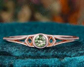 Natural Moss Agate Ring, Lightweight Rose Gold Geometric Hollow Band Ring, Earthy Green Gemstone Nature Inspired Jewelry, Gift For Women