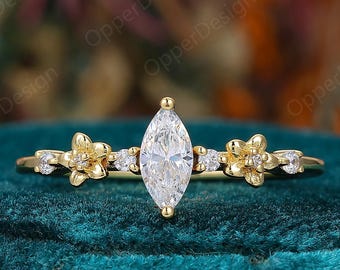 14K Yellow Gold Floral Marquise Moissanite Ring, Dainty Thin Band Engagement Ring,Handmade Flower Promise Ring For Women,Vintage Bridal Ring
