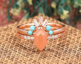 Unique Design Bridal Set, Orange Sunshine Stone Wedding Ring Set, Rose Gold Sunshine Stone Matching Ring, Stacking Women Handmade Ring Set