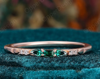 Vintage Emerald Engagement Ring, Stacking Half Eternity Wedding Ring, Unique Women Emerald Anniversary Ring Gift For Women, Solid Rose Gold