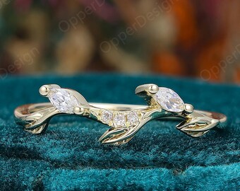 Marquise Cut Moissanite Yellow Gold Vine Band, Leaves Diamond Band, Leaf Dainty Matching Ring, Stacking Ring for Women, Tiny Branch Ring