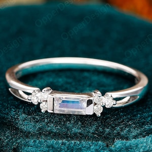Solid 18k White Gold, Moonstone Wedding Silver Ring, Dainty Blue Moonstone Ring, Stacking Ring, Anniversary Ring Gift For Women,Silver Ring