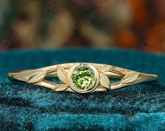 Vintage Solitaire Peridot Engagement Ring, Round Cut 3mm Nature Inspired Peridot Ring, Dainty Leaf Promise Ring Gift, Birthstone Jewelry