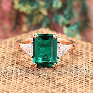 Art Deco Emerald Ring,Solid 10K Gold Bridal Ring,Emerald Cut 8x11mm Emerald Engagement Ring,Vintage Anniversary Ring,Delicate Ring For Women