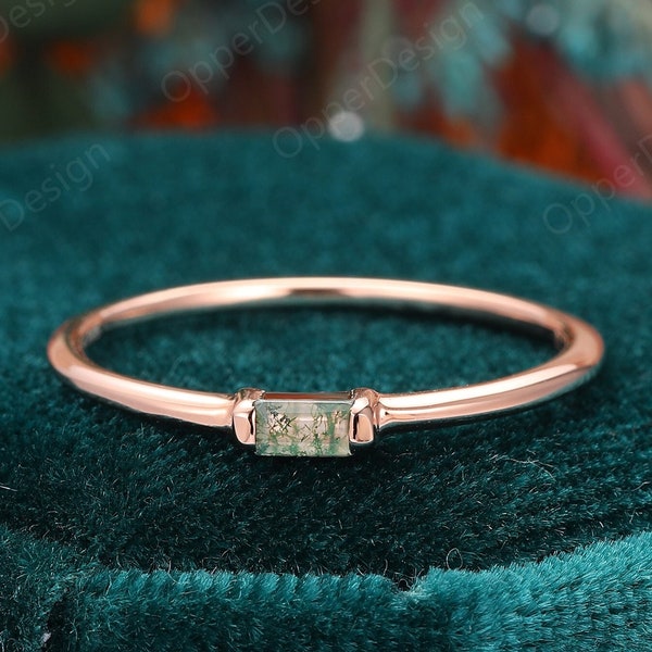 Förlovningsring med mossagat, förgylld, silverring, present till kvinnor, läcker 2 x 4 mm smaragdslipad naturlig mossagatvigselring, solitärring