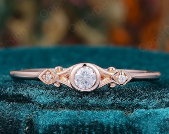 14k Rose Gold Flower Style Round Moissanite Diamond Wedding Engagement Ring, Unique Floral Leaf Ring, Gift for Her, Dainty Bezel Set Ring