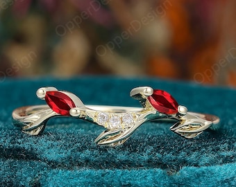 14k Yellow Gold Ruby Leaf Ring, Nature Inspired Marquise Ruby Vine Band, Dainty Stacking Ring, July Birthstone Anniversary Gift For Women
