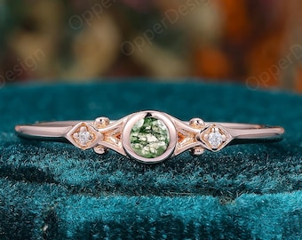 Round Moss agate Engagement Ring, Unique Rose Gold Floral Ring, Vintage Nature Inspired Bezel Setting Bridal Ring, Unique Promise Ring Gift