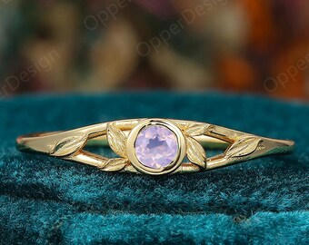 Natural Lavender Amethyst Engagement Ring Solid Gold, Round Cut 3mm Amethyst Bezel Set Ring, Unique Leaf Promise Ring,Delicate Amethyst Ring