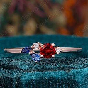 Handmade Ruby Gemstone Promise Ring, Marquise Sapphire Thin Band Jewlery, Round Ruby Engagement Ring Solid Gold,Minimalist Ruby Wedding Band
