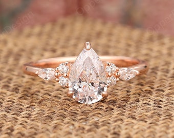 Anillo de boda con gota de lágrima, anillo de compromiso Moissanite en forma de pera, anillo de boda Art Déco, anillo de oro liso para mujeres, anillo de moissanita de promesa