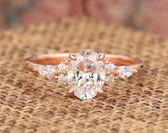 Prong Set Wedding Ring, Cluster Bridal Ring, 6x8mm Oval Cut Moissanite Engagement Ring, Antique Ring,Proposal Ring,14K Plain Gold Women Ring
