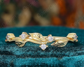 Unique Leaves Engraved Wedding Band, Women Moissanite Nature Inspired Vine Leaf Branch Wedding Ring, Dainty Yellow Gold Ring Promise Gift