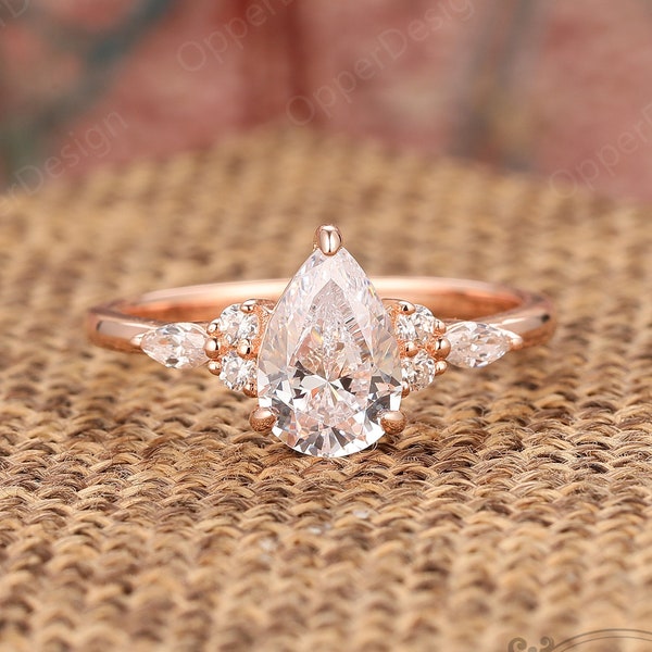 Tear Drop Wedding Ring, Moissanite Engagement Ring Pear Shape, Art Deco Wedding Ring, Plain Gold Ring For Women, Promise Moissanite Ring