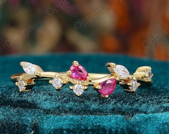 Nature Inspired Pear Ruby Diamond Leaf Flower Branch Wedding Ring, Vintage Vine Twig Floral Bridal Ring,14k Yellow Gold Leaf Ring Gift Women
