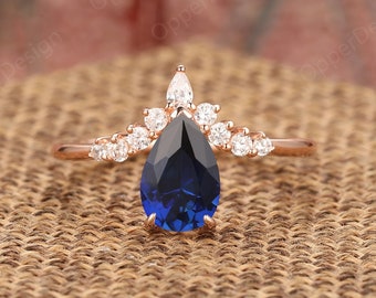 Sapphire Engagement Ring, Stacking Ring,14K Rose Gold Sapphire Ring,Pear Cut 6x9mm Sapphire Ring,Unique Ring,Birthstone For Anniversary Ring