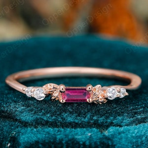 Art Deco Ruby Engagement Ring, Unique Women Promise Wedding Band, Solid Rose Gold Leaf Vine Band, Birthstone Ruby Women Ring, Dainty Ring