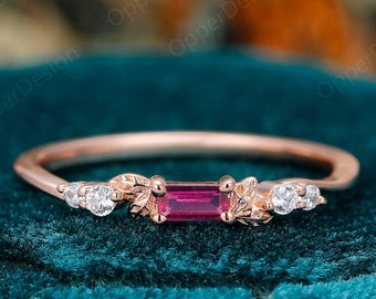 Art Deco Ruby Engagement Ring, Unique Women Promise Wedding Ring, 18k Rose Gold Leaf Shape Design Ring, Branch Ruby Ring, Gift For Women