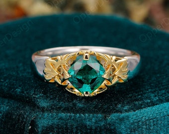 Emerald trouwring, Zelda Emerald verlovingsring, tweekleurige vergulde ring, retro ring, antieke vrouwenring, kussen gesneden 6mm Emerald Ring