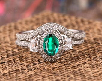 Bridal Set, Emerald Bridal Set, Oval Cut 5x7mm Emerald Ring, 10k White Gold Wedding Ring Set, Vintage Emerald Ring Set, Anniversary Ring Set