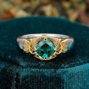 Emerald Wedding Ring, Zelda Emerald Engagement Ring, Two Tone Gold Plated Ring, Retro Ring, Antique Women Ring, Cushion Cut 6mm Emerald Ring
