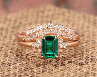 Minimalist Wedding Ring Set, Stacking Ring, Emerald Bridal Set,Matching Ring,Anniversary Wedding Ring Set,Antique Bridal Set,Solid Gold Ring