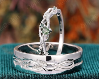2PCS White Gold Couple Ring Set, His and Hers Matching Wedding Band, Promise Rings For Couples, Women Men Leaf Shape Branch Moss Agate Sets