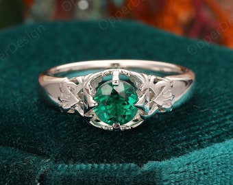 Zelda Engagement Ring, Round Cut 6mm Emerald Ring, Emerald Wedding Ring, Vintage Ring, Silver Ring For Women, Art Deco Ring, Emerald Ring