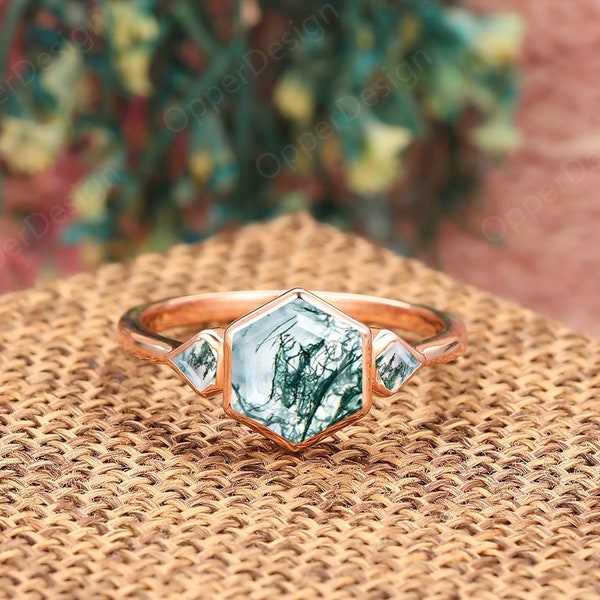 Hexagon Cut Moss Agate Ring, Vintage Nature Inspired Ring, Anniversary Gift, Unique Handmade Moss Agate Engagement Ring,Bezel Set Agate Ring
