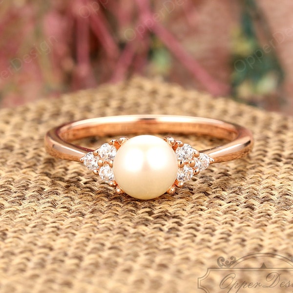 Cluster Stone Ring, Silver Ring, Round Cut 7mm Natural Pearl Ring, Engagement Ring, Prong Set Ring, 10k Rose Gold Ring, Natural Pearl Ring