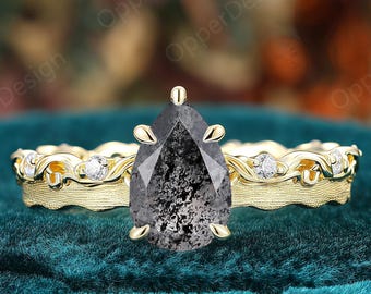 Pear Salt and Pepper Diamond Engagement Ring, Vintage Ornate Filigree Scrollwork Yellow Gold Band, Leaf Vine Herkimer Diamond Wedding Ring