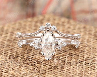 Stacking Wedding Ring Set, Sterling Silver Ring Set, Christmas Birthday Gift, Art Deco Bridal Set,Unique Ring,10k White Gold Engagement Ring